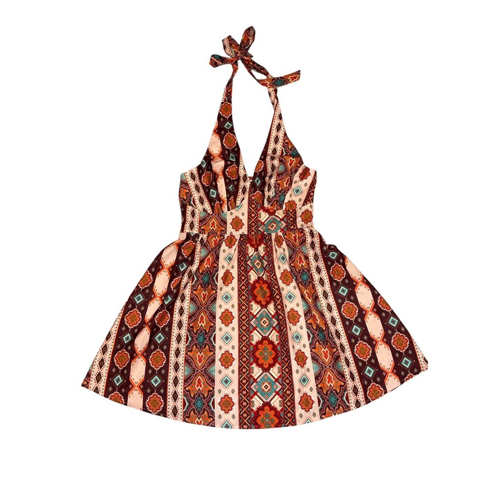 Cupshe Halter Dress M NWT Boho Geometric Print Rust Teal Smocked Waist
